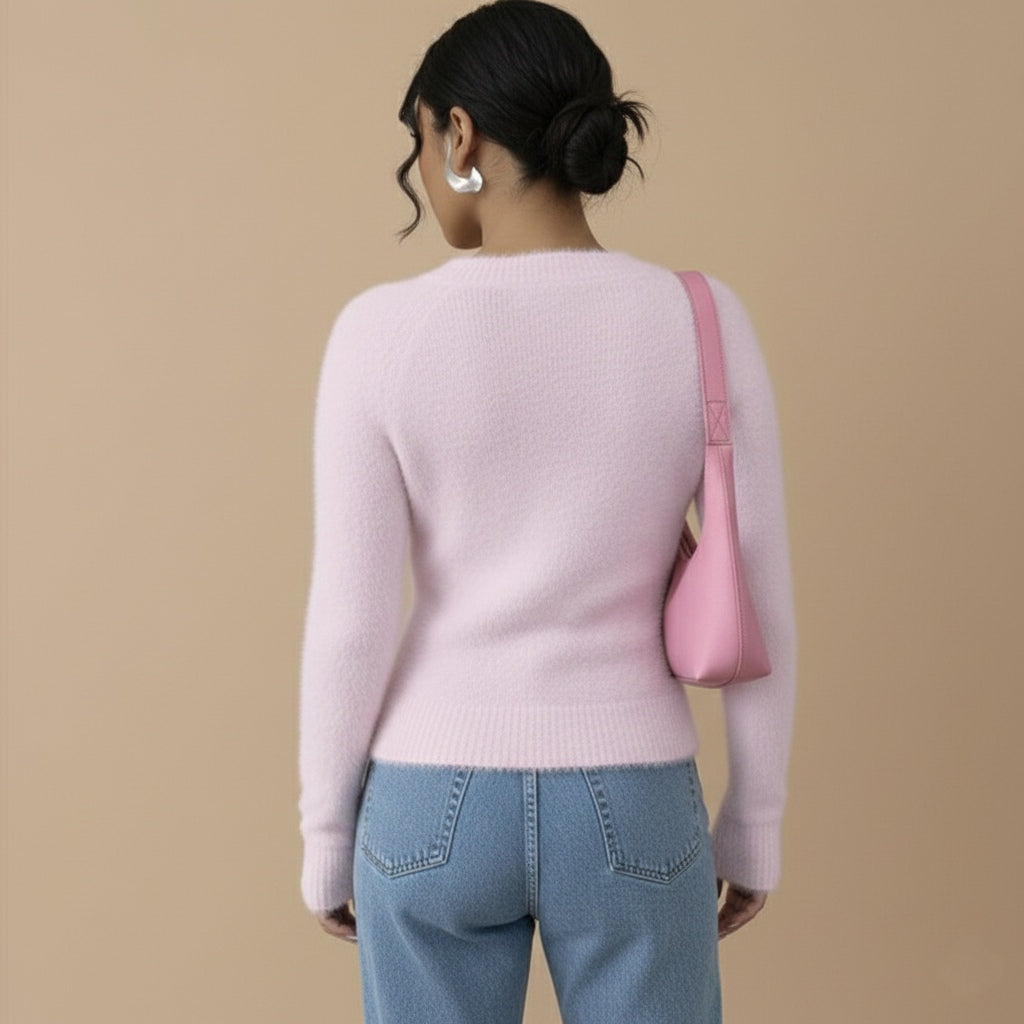 Pull Moumoute en Maille Duveteuse – Col Rond & Coupe Ajustée